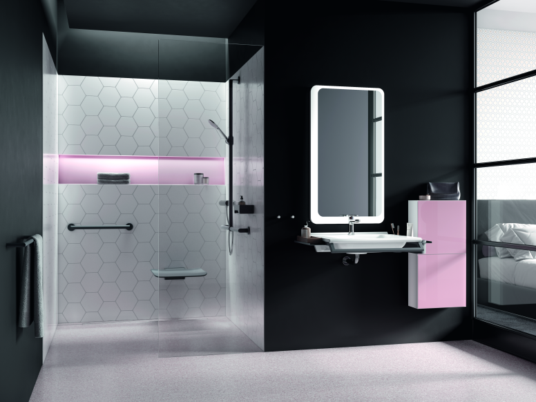 Modern hotel bathroom with barrier-free washbasin and shower area