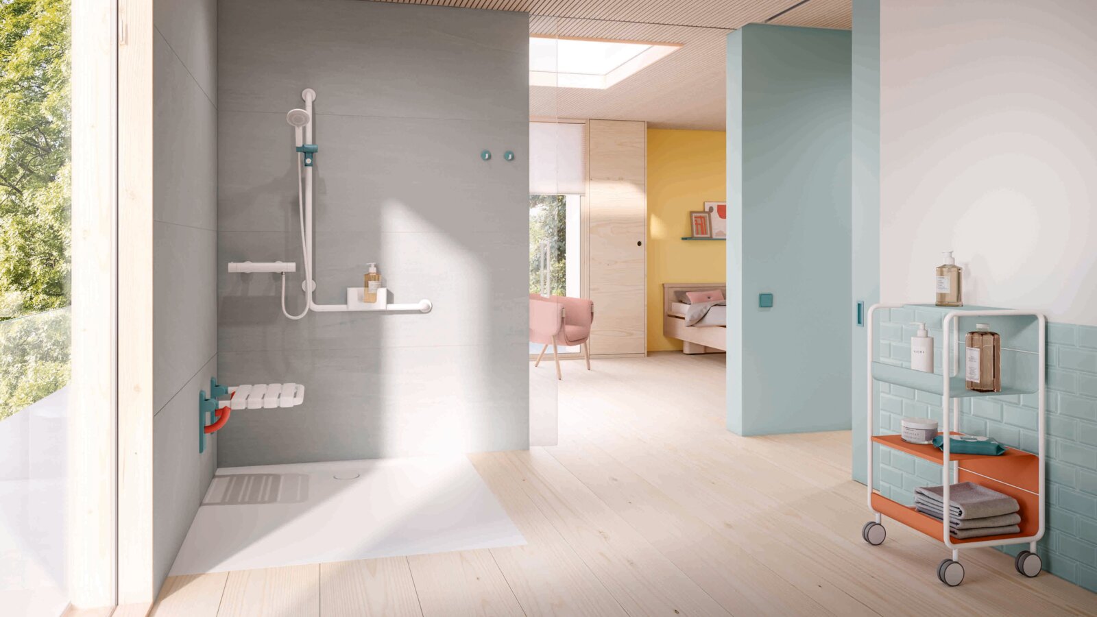 Barrier-free shower area in a patient room