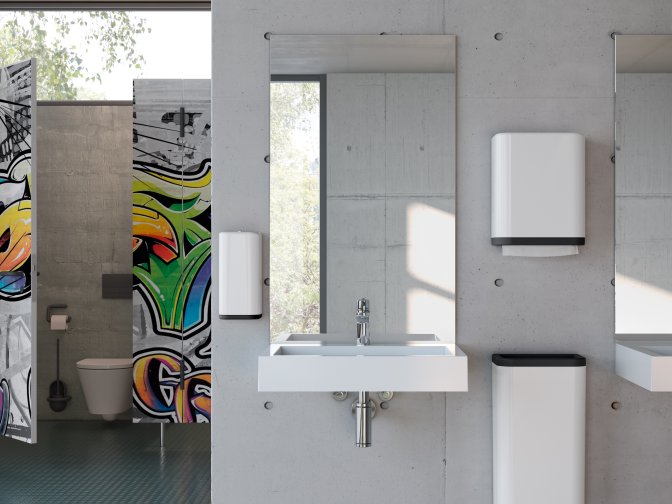 Washbasin of a school toilet equipped with soap and paper towel dispenser in signal white made of polyamide